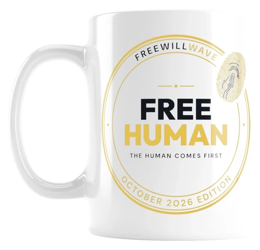 Free Human — October 2026 Edition mug, white
