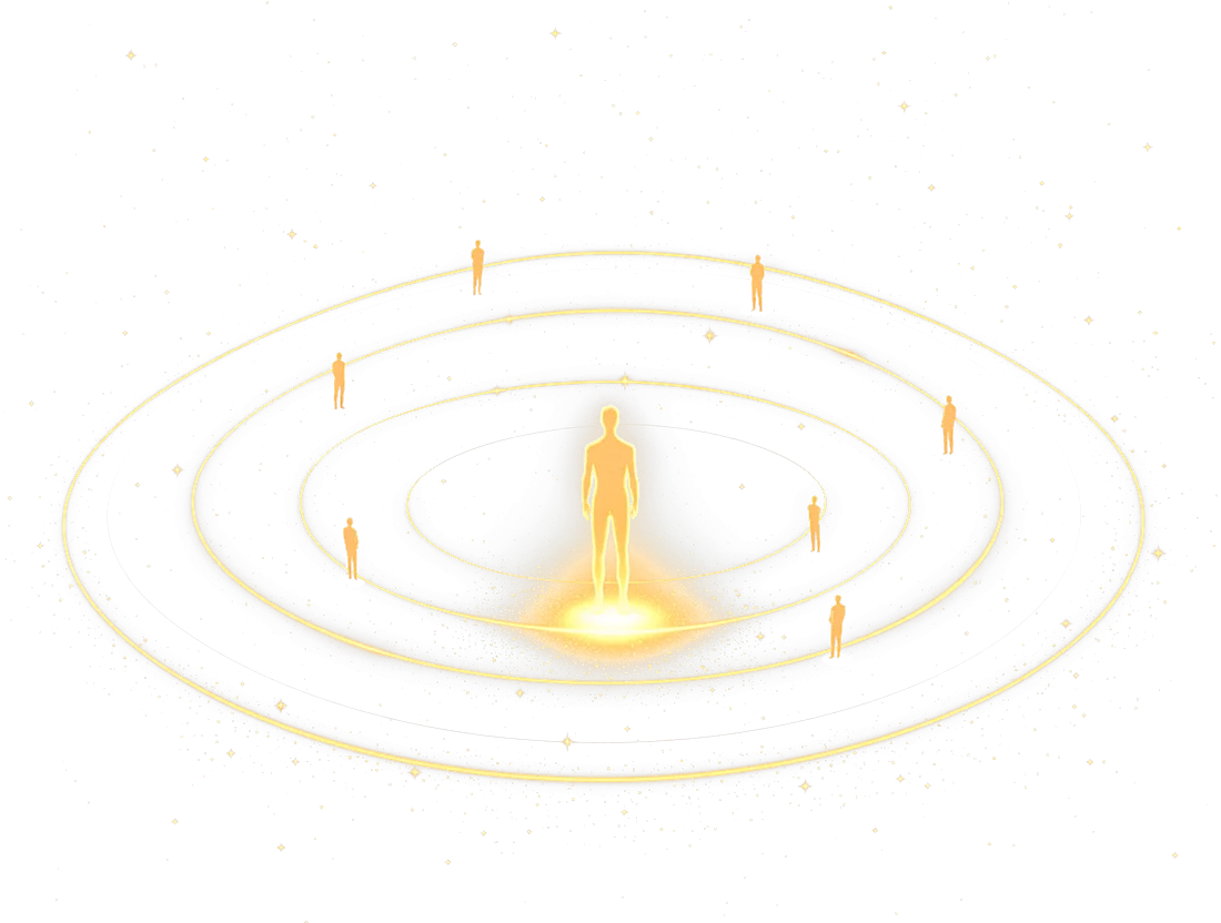 A golden human at the center of luminous orbits carrying other humans