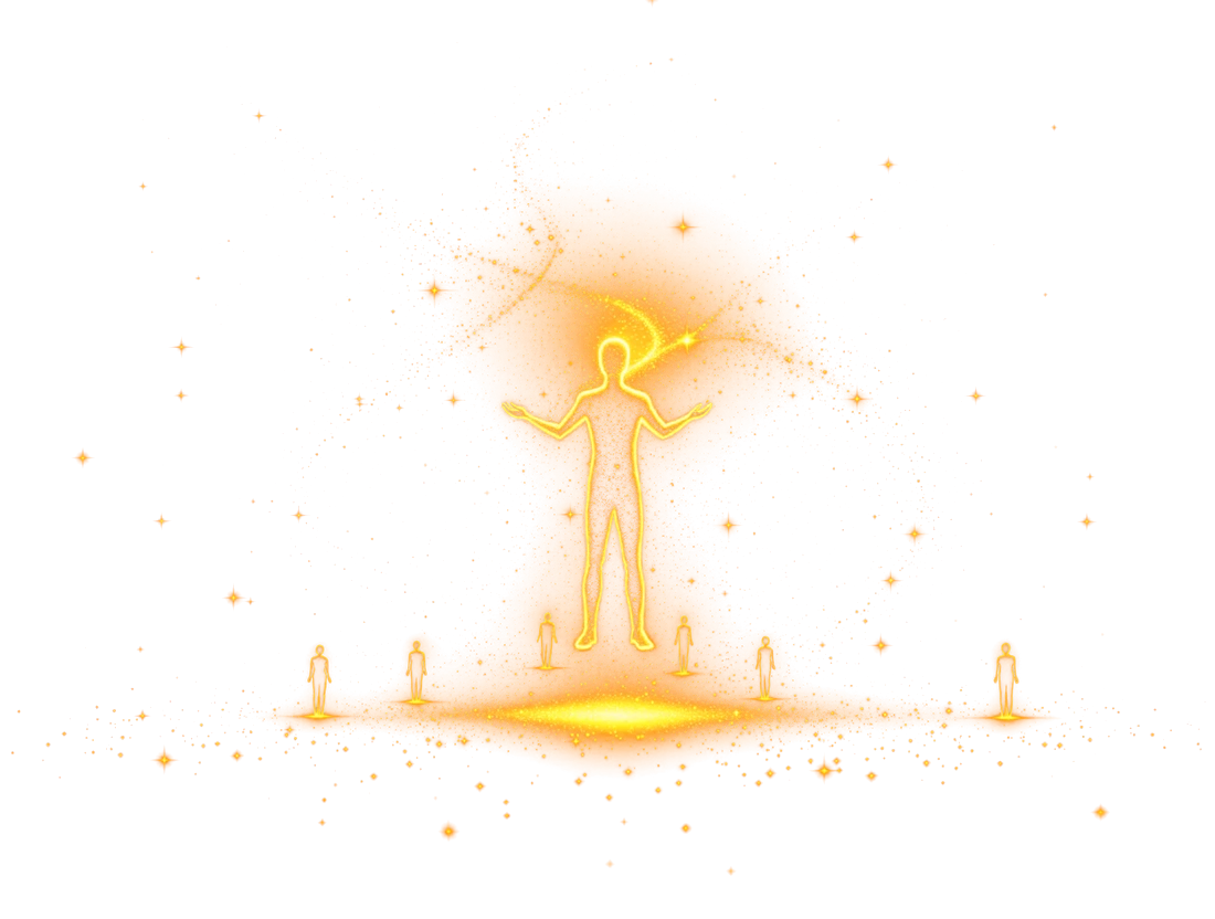 A luminous human releasing golden sparks that awaken other humans around them