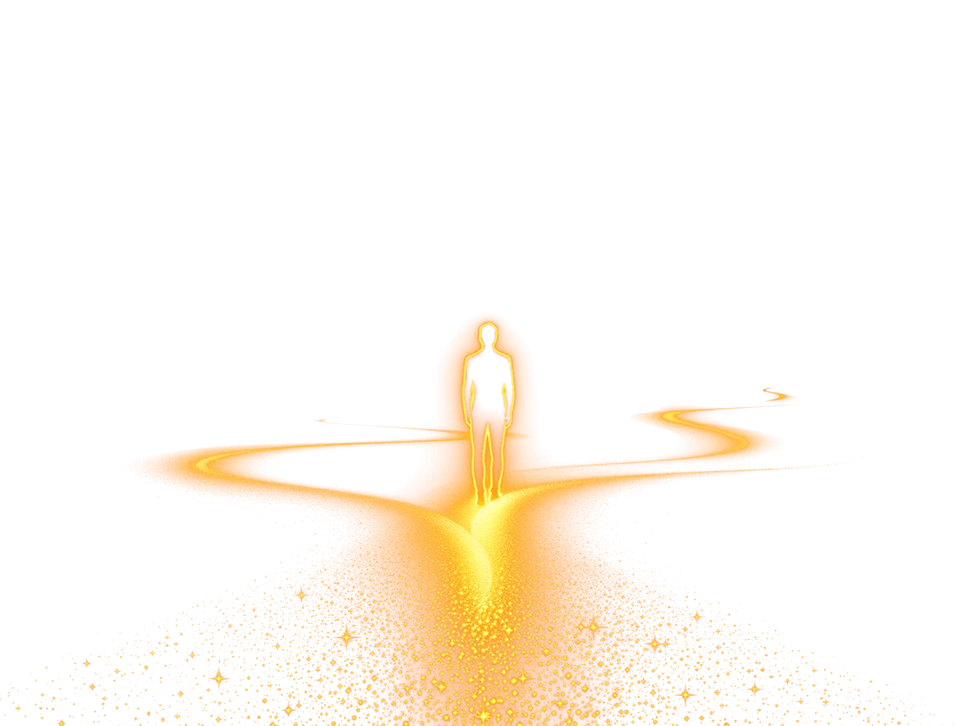 A luminous human at the crossing of two paths of light — they are the one who chooses